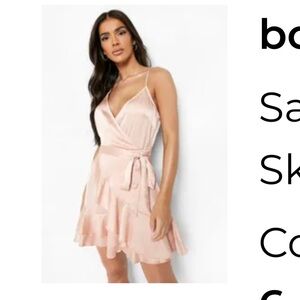 Boohoo Champagne Satin Frill Skirt Wrap Skater Dress Size 6